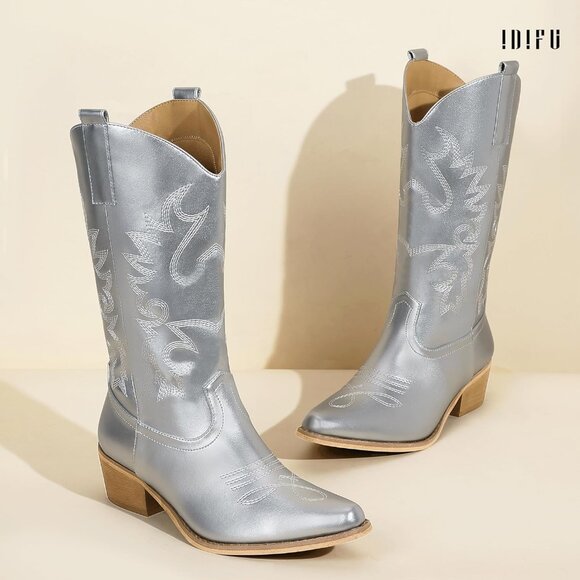 Women Silver Manmade Material Mid Calf Embroidered Low Heel Pointed Toe Boots - Picture 4 of 6